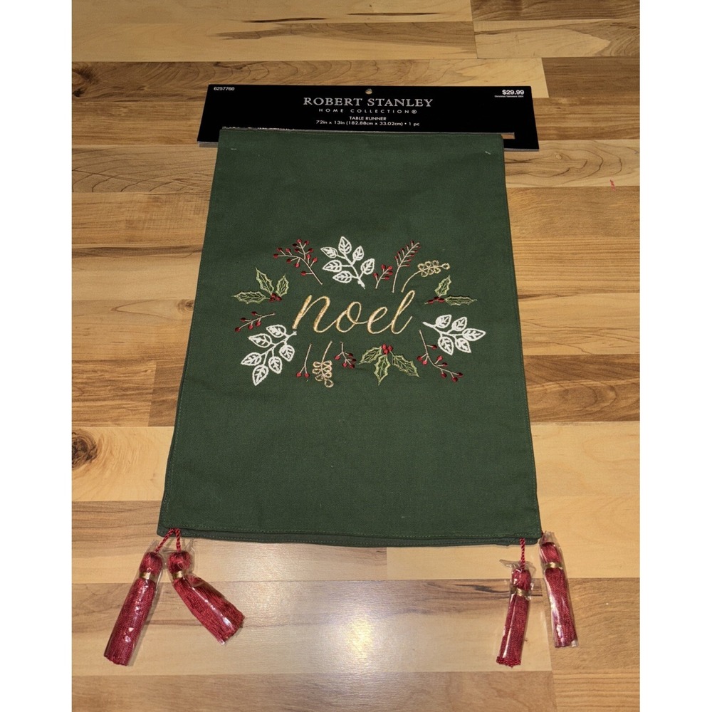 Robert Stanley Home Collection Green Table Runner Embroidery Tassels 72" x 13"